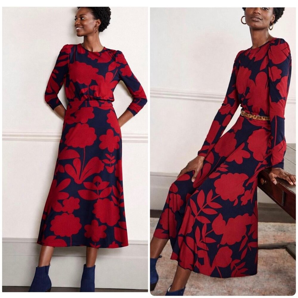 Sold Boden Floral Bloom Jersey Midi Dress Womens 2 Red Sundress Puff Sleeves - Picture 2 of 16